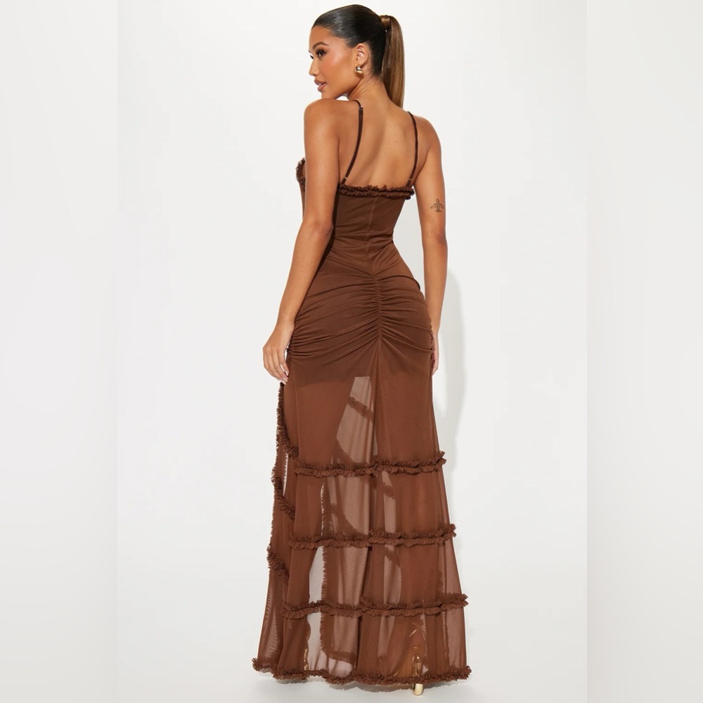 NWT! FASHION NOVA 'Kiana' Sheer Mesh Cut Out Ruffle Trim Maxi Dress - Picture 4 of 7